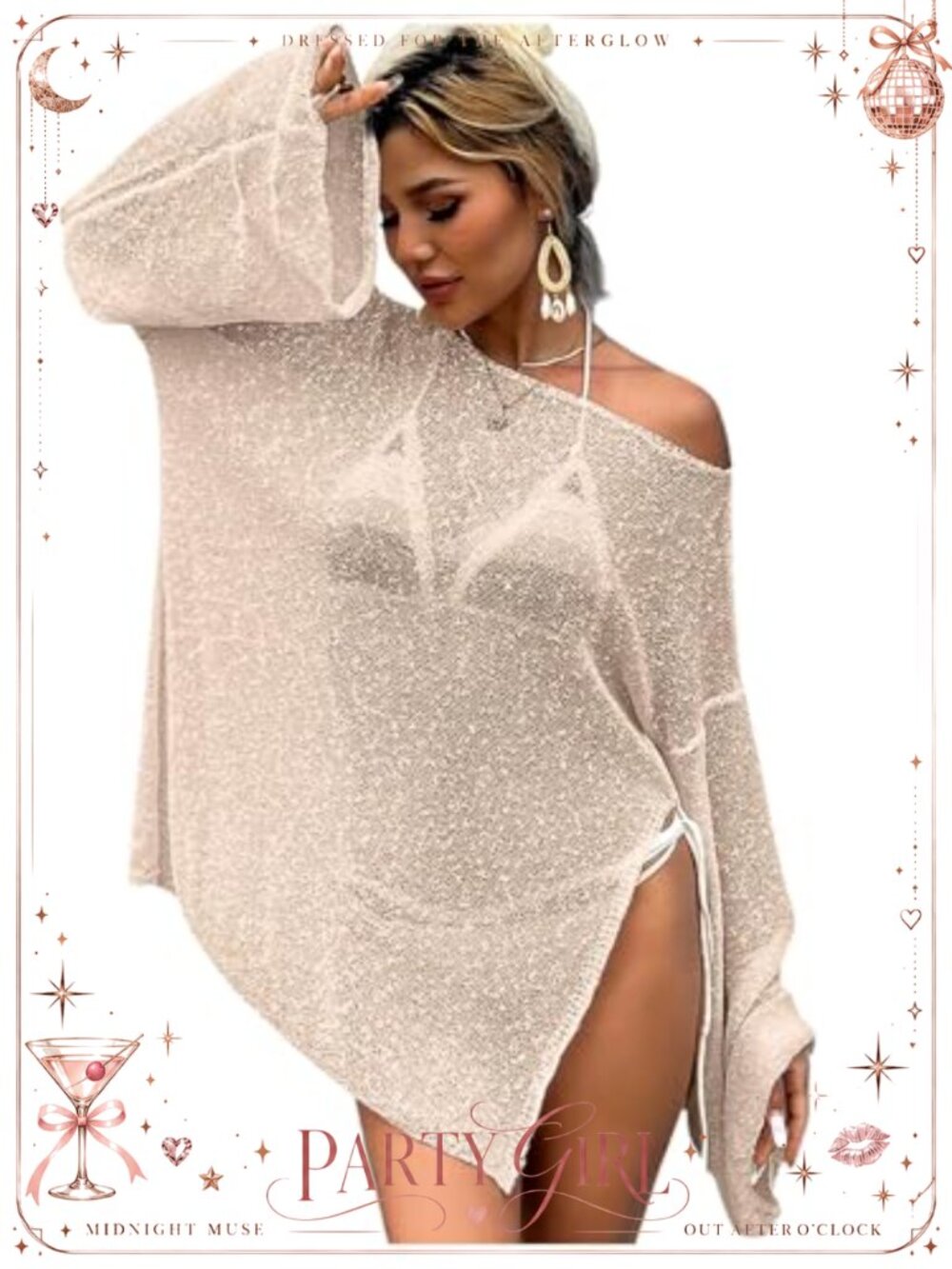 Floerns Women's Sheer Long Sleeve Split Beach Cover Up Dress Swimwear Sarong